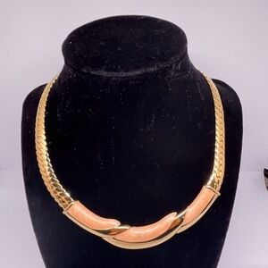 NAPIER PAT PEND Flat Link Enamel Choker Necklace - Goldtone Pink Salmon Color
